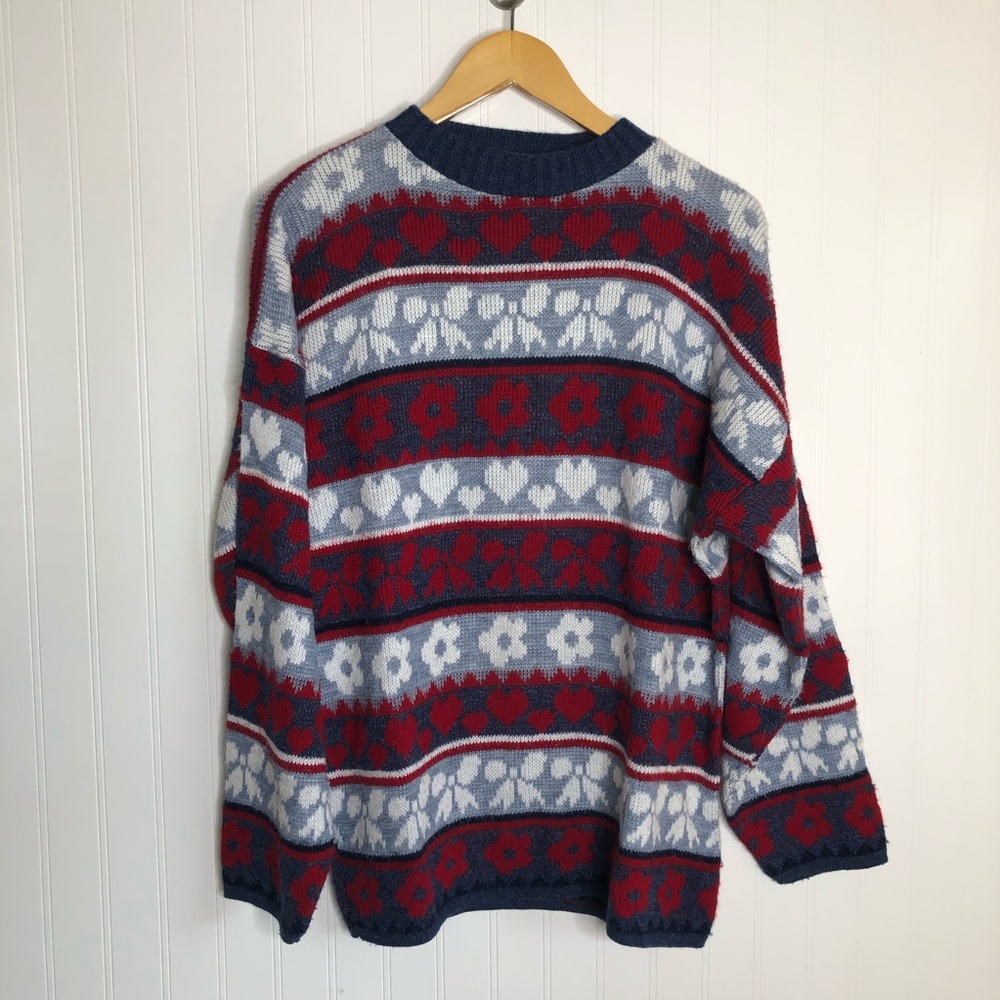 Vintage 80s Oversized Sweater Hearts Flowers Red Blue White Women’s Medium